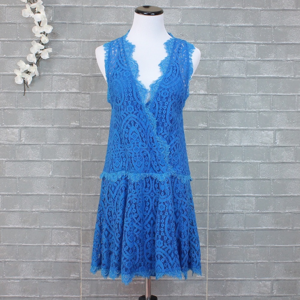 Free People Ocean Blue Heart in Two Layered Lace Mini Cami Dress XS NWT